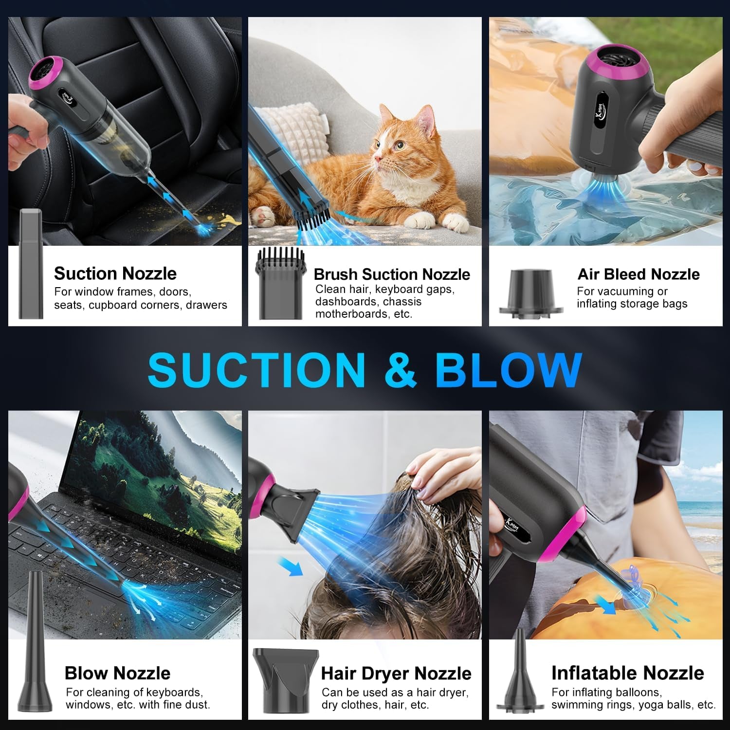 4-in-1 Handheld Car Vacuum Cleaner with 16000Pa Suction Power, 120W Adjustable Speed, LED Light, and Multi-Nozzle Attachments for Home, Office, and Pet Care